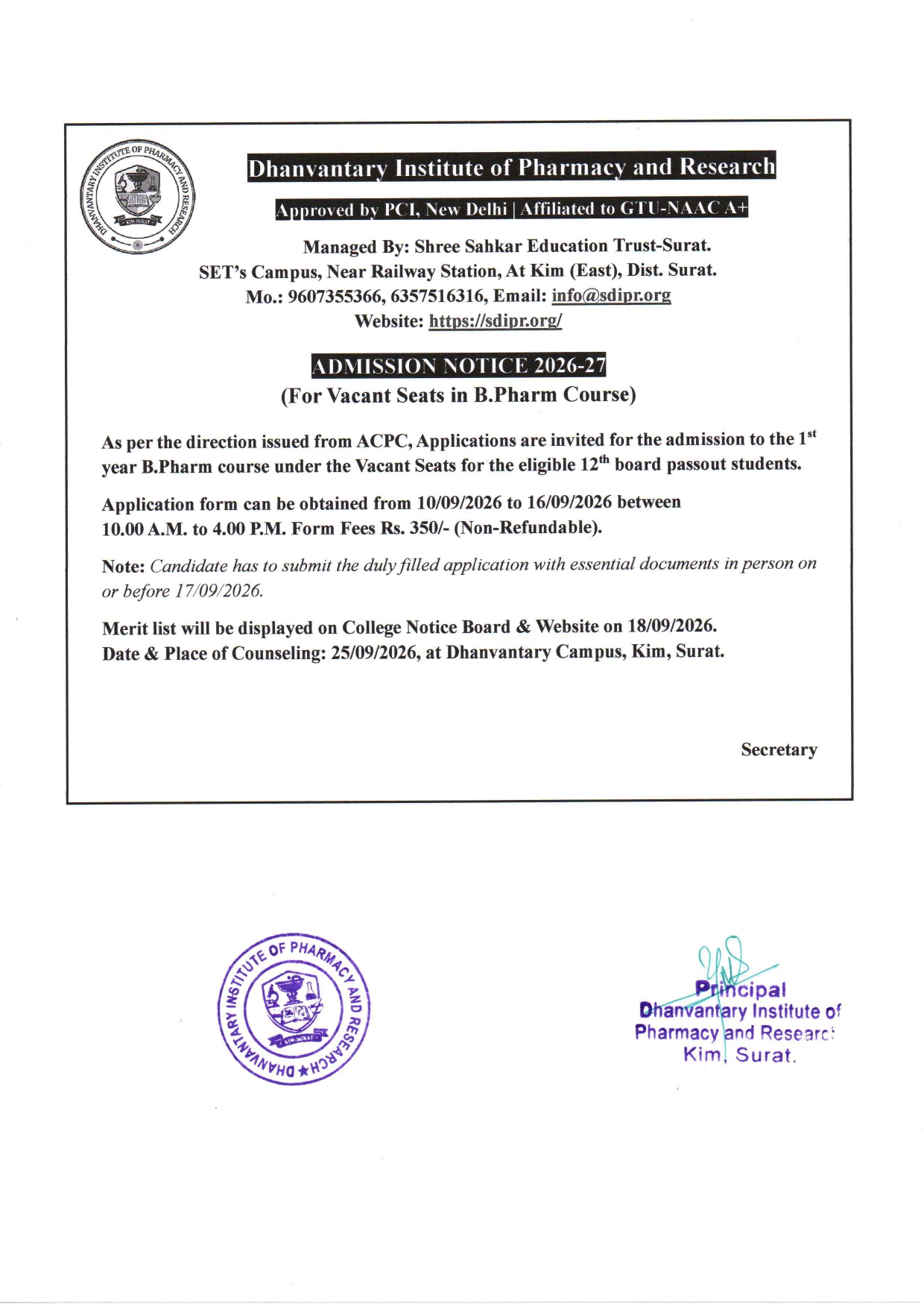 ADMISSION NOTICE 2026-27